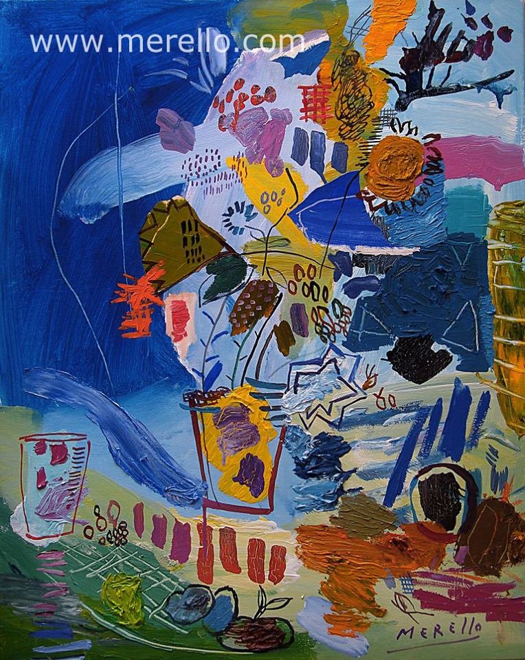 CONTEMPORARY MODERN ART. Jose Manuel Merello.-Florero con viento azul (92 x 73 cm) Mix media on canvas. Contemporary artists painters